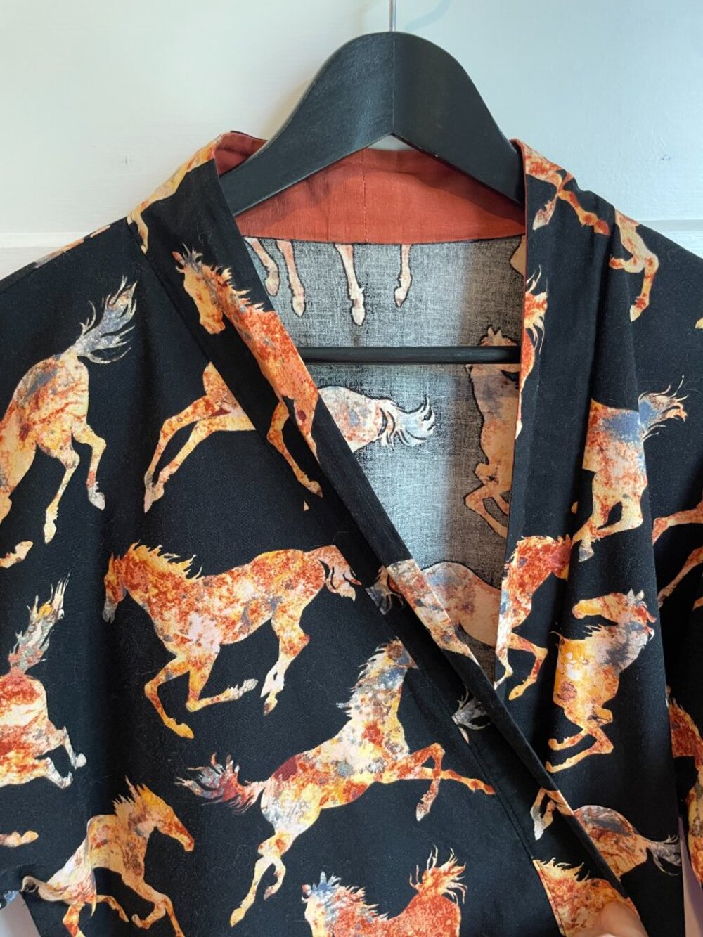 Wild Horses Short Robe Jacket Kimono 100% Cotton Boho Copper Reversible Cuffs OS - Picture 8 of 15